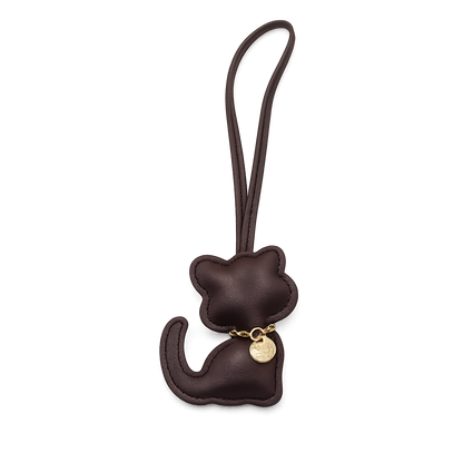 Brown Cozy Kitty Handmade Leather Kitten Bag Charm with leather strap.