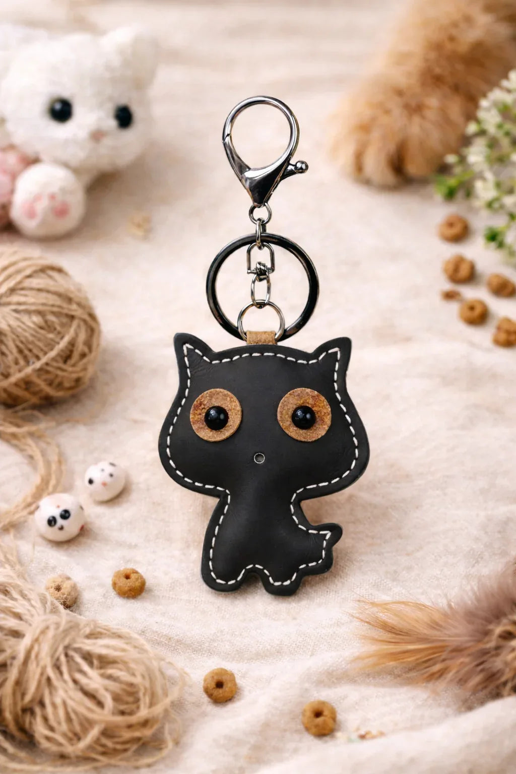 Black handmade leather cat keychain with a minimalist silhouette and silver metal key ring.