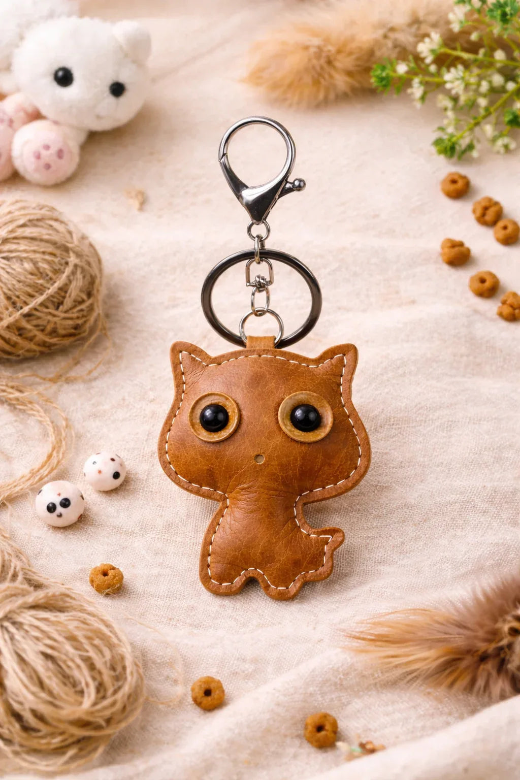 Tan handmade leather cat keychain with a minimalist silhouette and silver metal key ring.