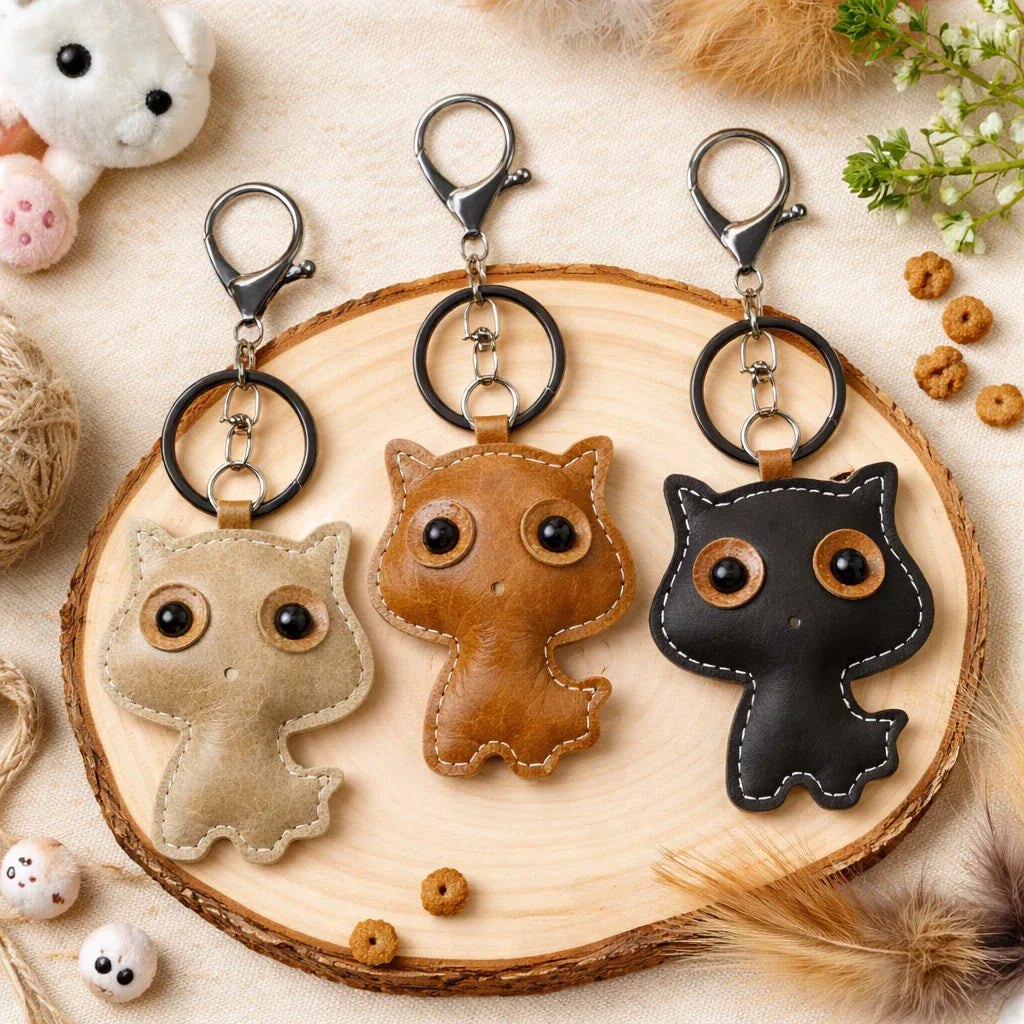 3 Whisker Wink leather cat charms laid out on table showing color and size.