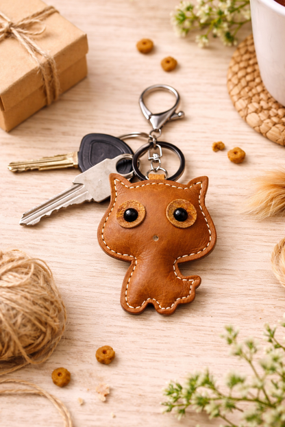 Brown handmade leather cat keychain with a minimalist silhouette and silver metal key ring attached with keys.