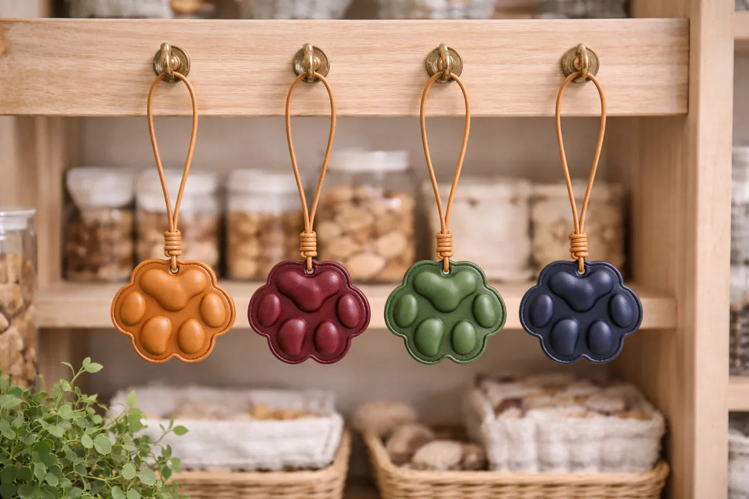 Everyday Companion 4 different colored Dog Paw Bag Charm with leather strap longing on wooden hooks in a pantry. 