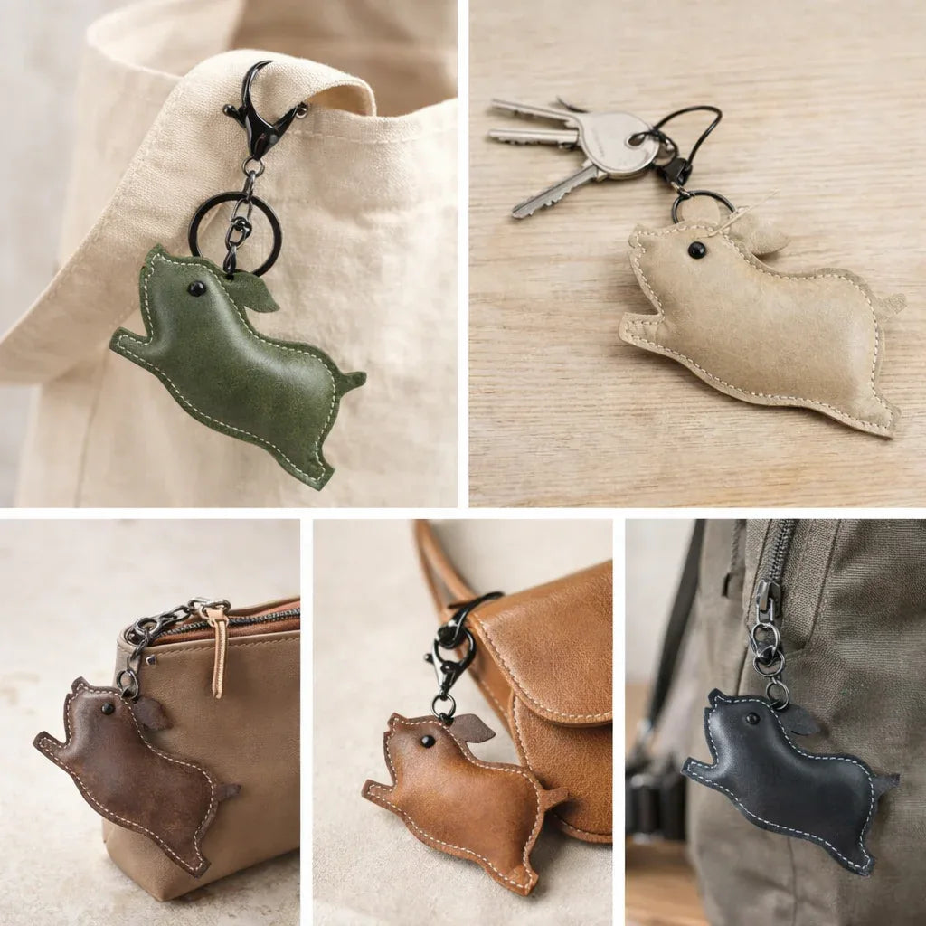 5  Leather Pig Key Chain and Bag Charm with Key ring and clasp on various bags, keys and pants to show size and use.
