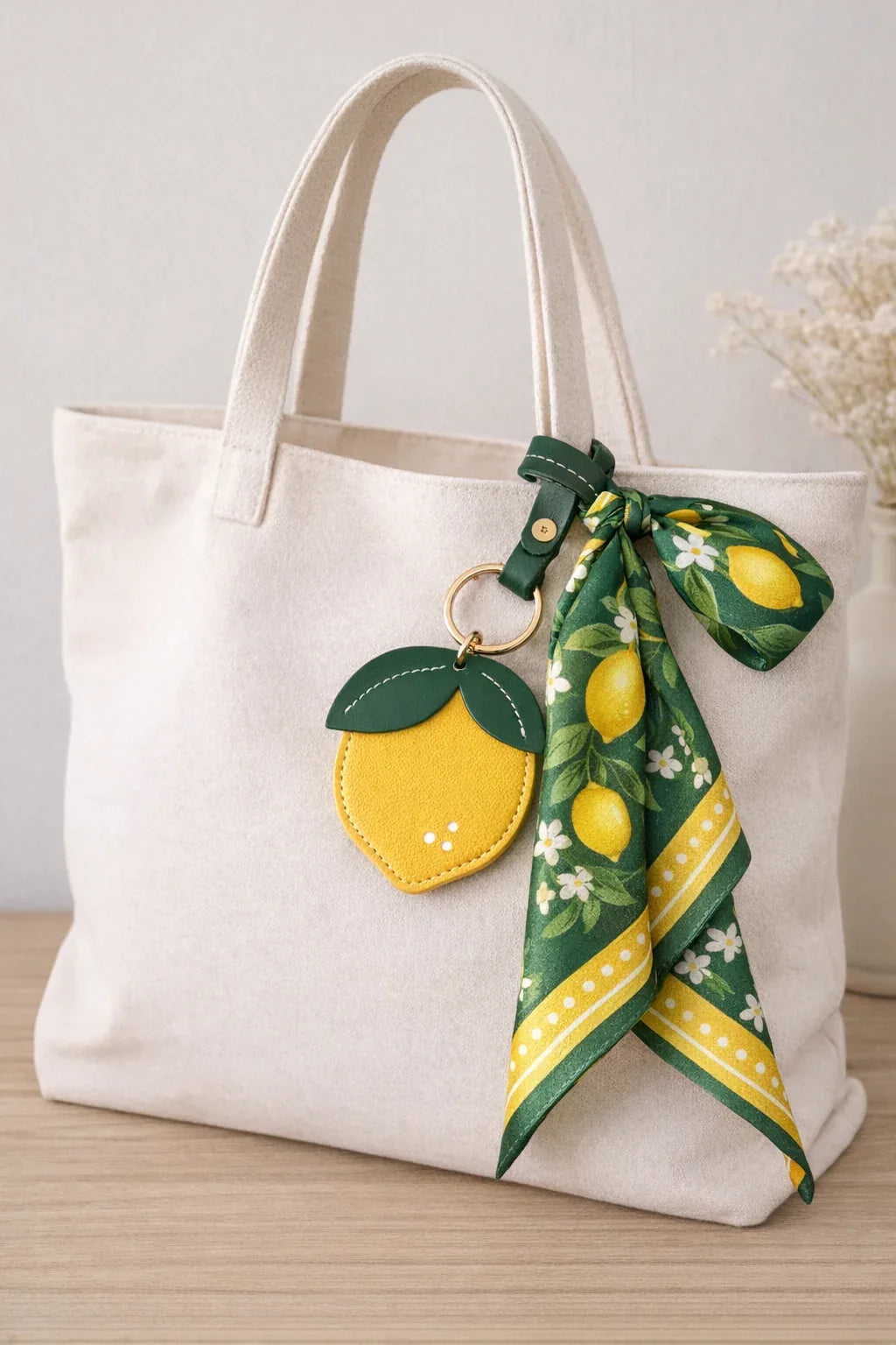 Little Orchard Lemon Fruit Bag Charm with leather strap on white tote bag with scarf sitting on table. 