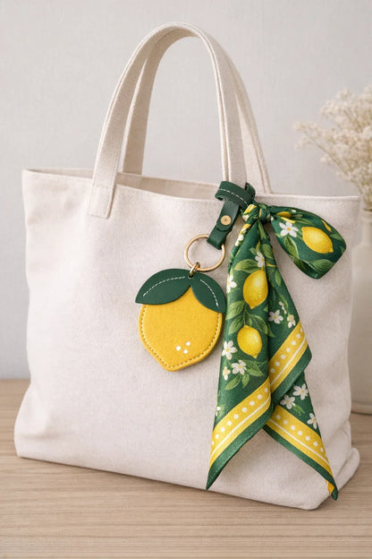 Little Orchard Lemon Fruit Bag Charm with leather strap on white tote bag with scarf sitting on table. 
