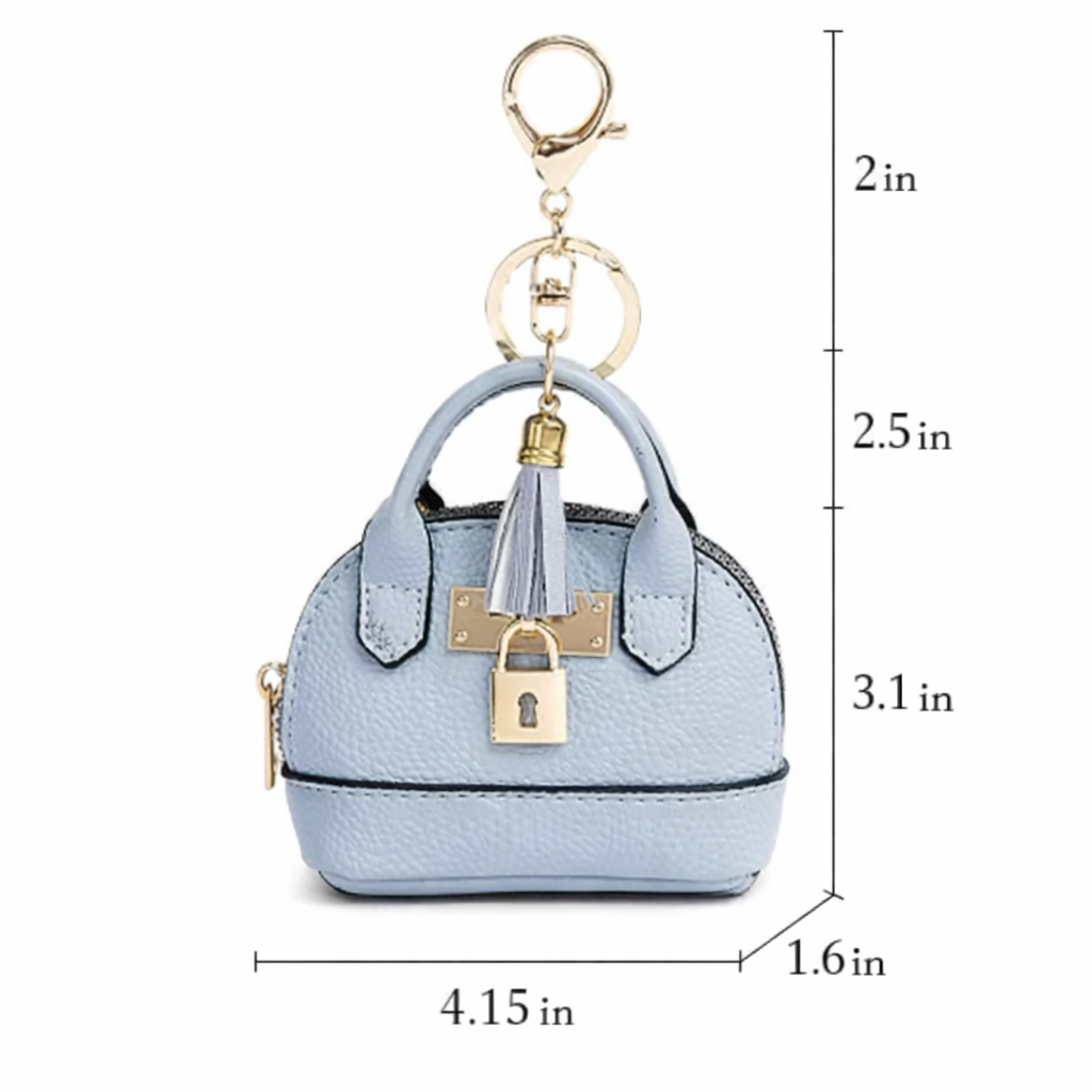 Petite light blue Leather Purse Lock & Key Bag Charm  with key ring and zipper with size chart to show dimensions.