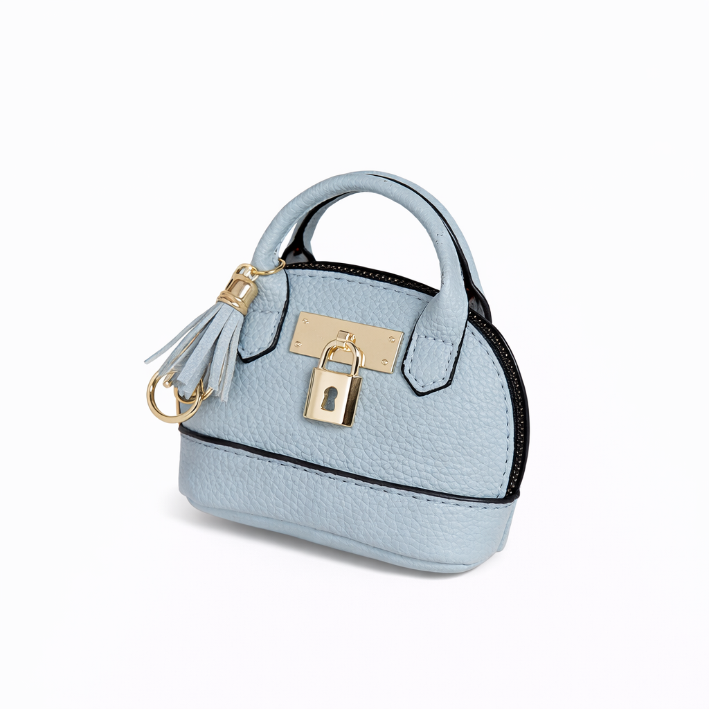 Petite light blue Leather Purse Lock & Key Bag Charm  with key ring and zipper. 