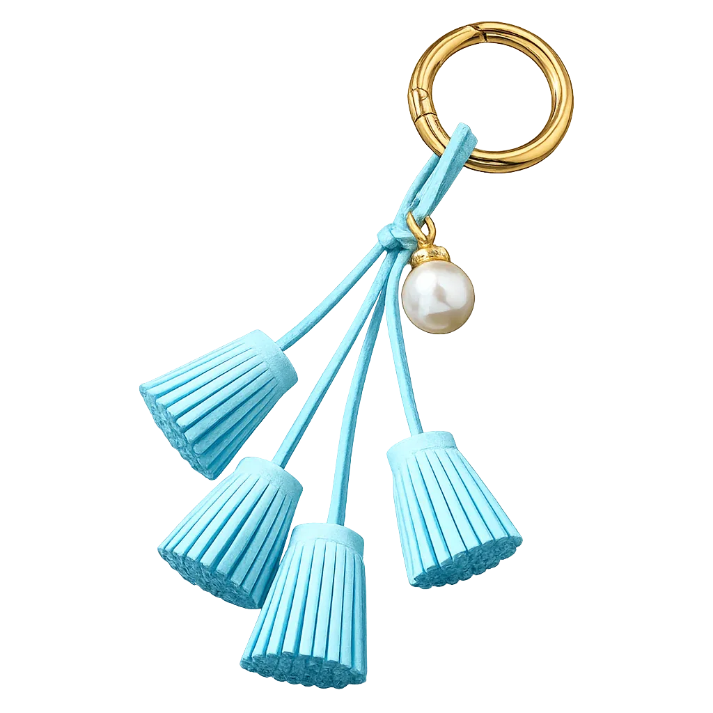 Light Blue Suede & Pearl Tassel Bag Charm with pearl accent on brass key ring. 