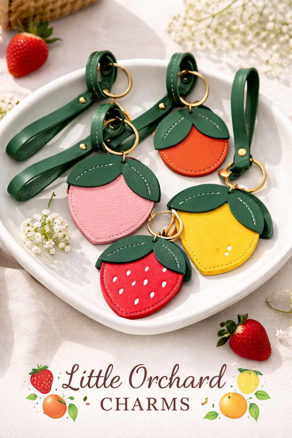 Little Orchard Charms – Genuine Leather Fruit Bag Charms & Keychains | Cute Handmade Strawberry, Peach, Lemon Accessories