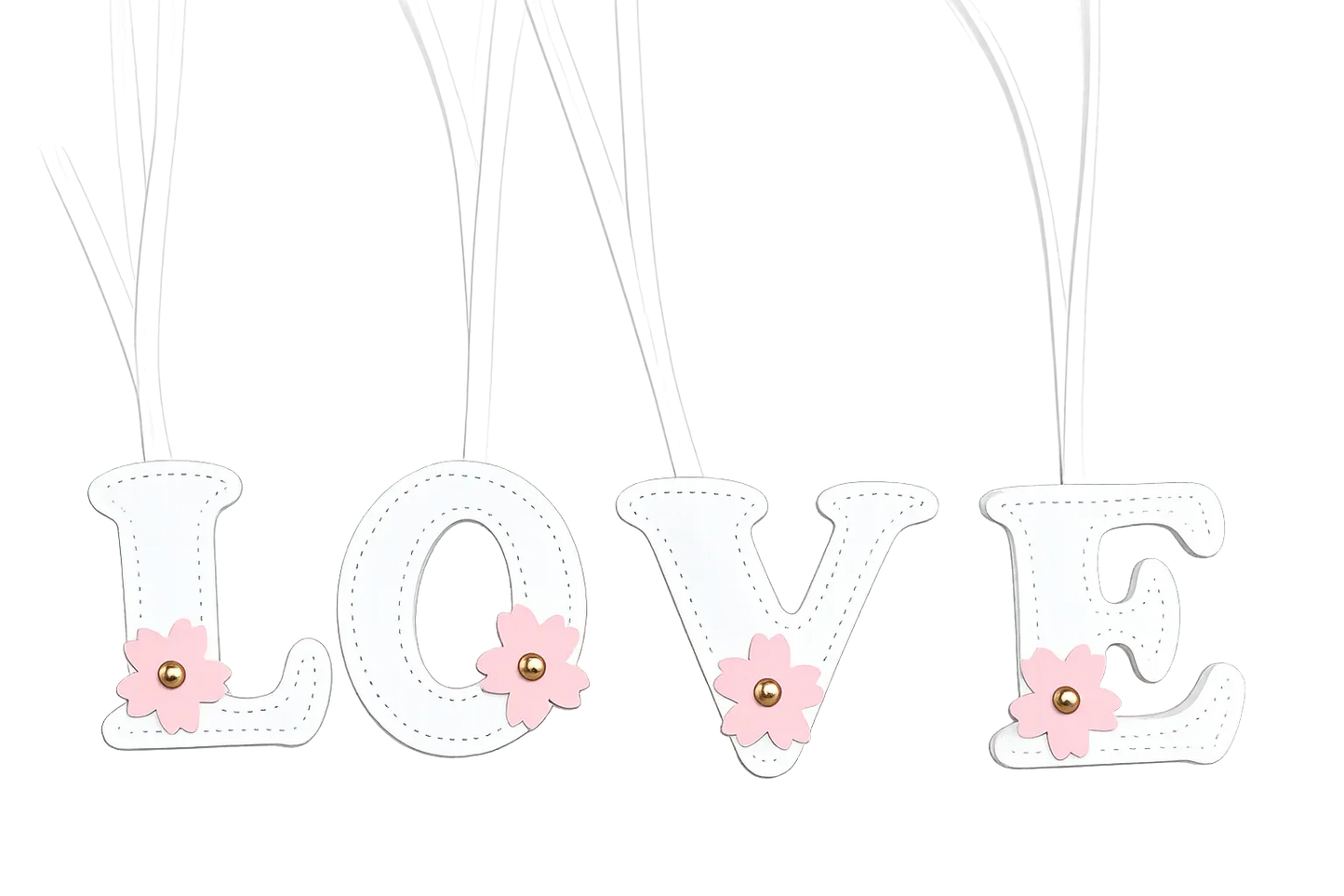 Initials in Bloom Alphabet Bag Charms spelling LOVE, with leather strap.