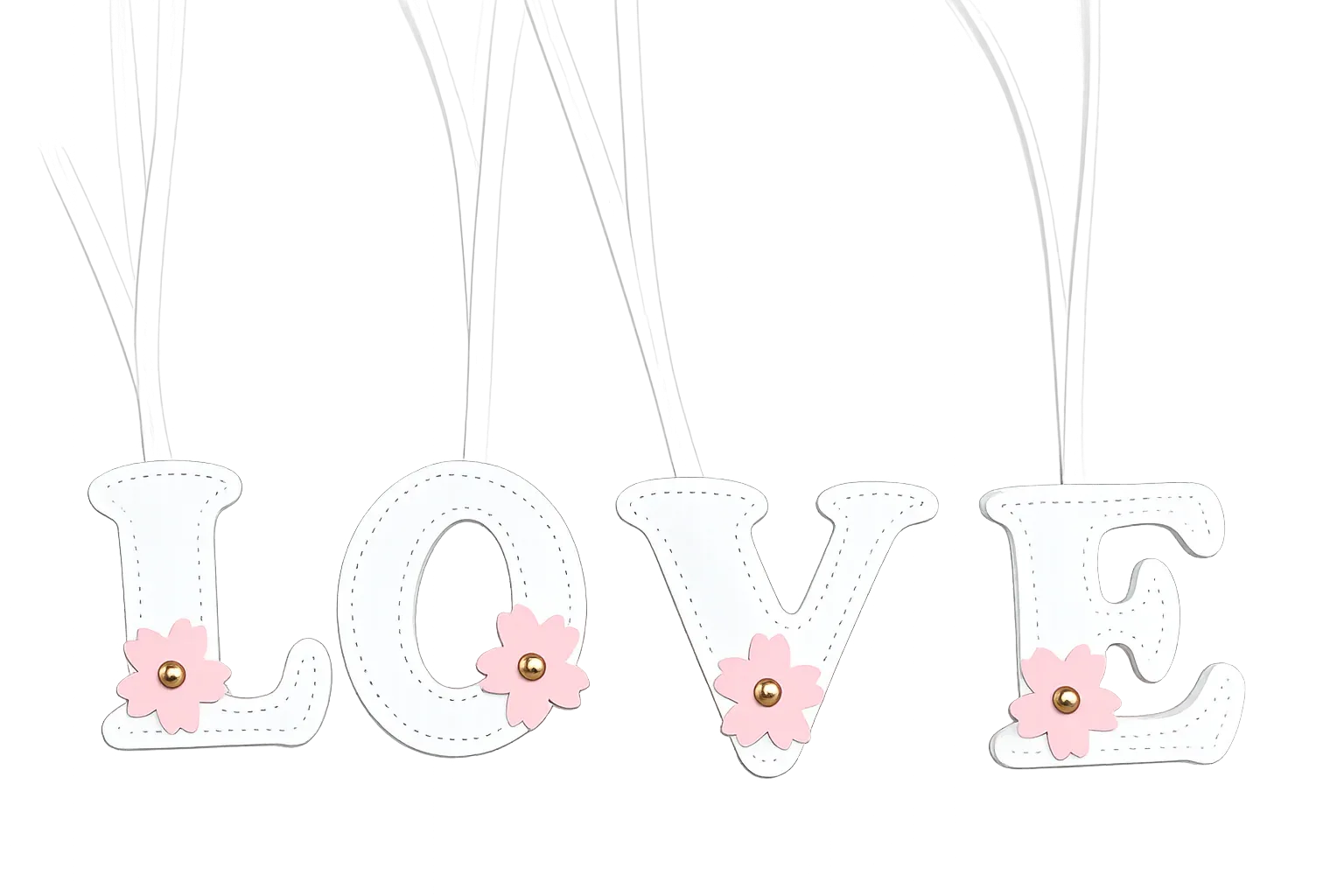 Initials in Bloom Alphabet Bag Charms spelling LOVE, with leather strap.