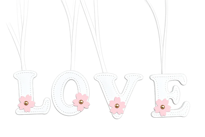 Initials in Bloom Alphabet Bag Charms spelling LOVE, with leather strap.