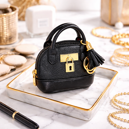 Petite black Leather Purse Lock & Key Bag Charm  with key ring and zipper on marble surface with pen and pearls. 