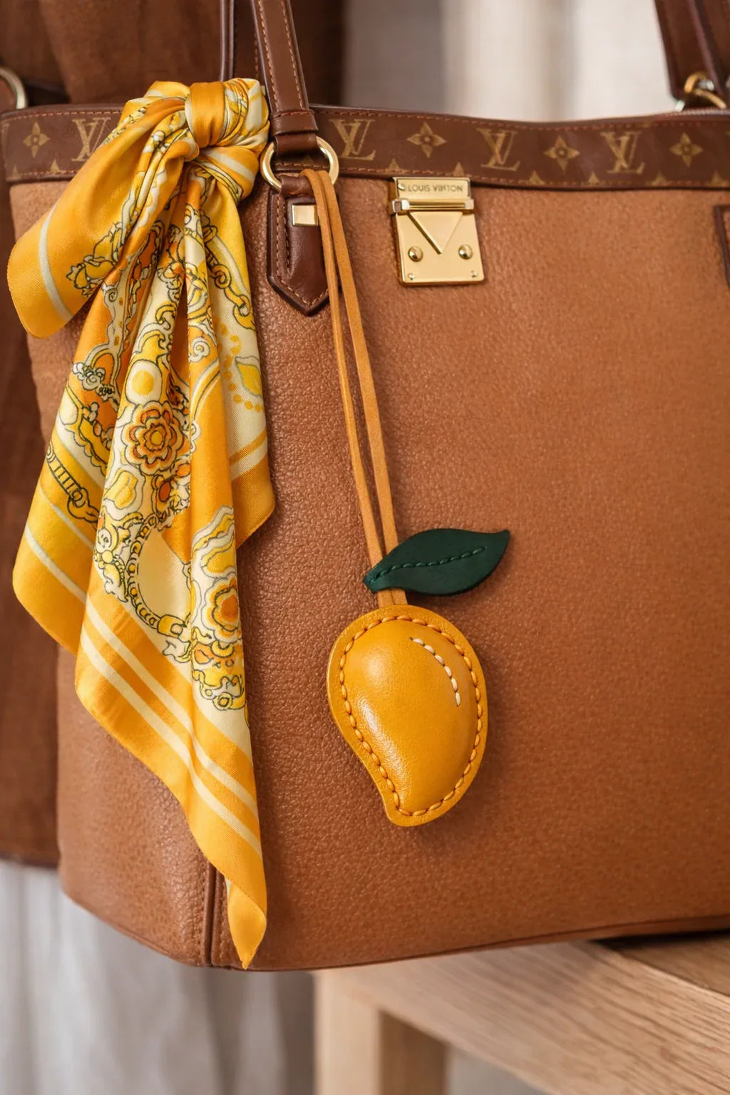 Mango Orchard Luxe Leather Fruit Bag Charms with leather strap on luxury Purse. 