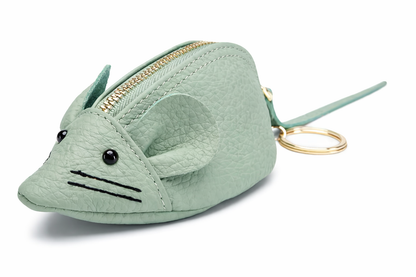 Handcrafted grey leather mouse-shaped coin purse with round ears and a secure zipper with key ring. 