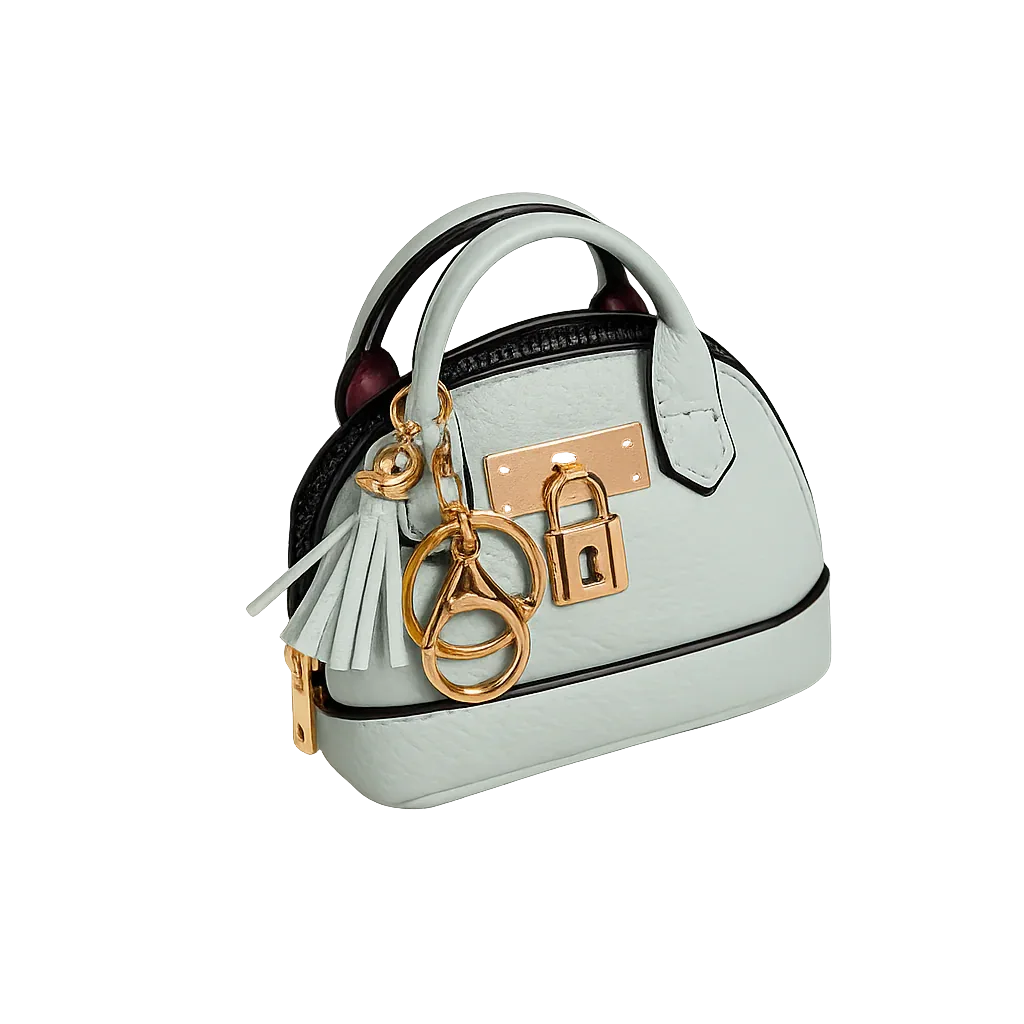 Petite grey Leather Purse Lock & Key Bag Charm  with key ring and zipper. 