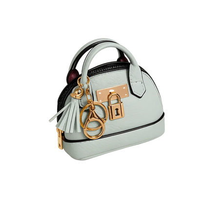 Petite grey Leather Purse Lock & Key Bag Charm  with key ring and zipper. 