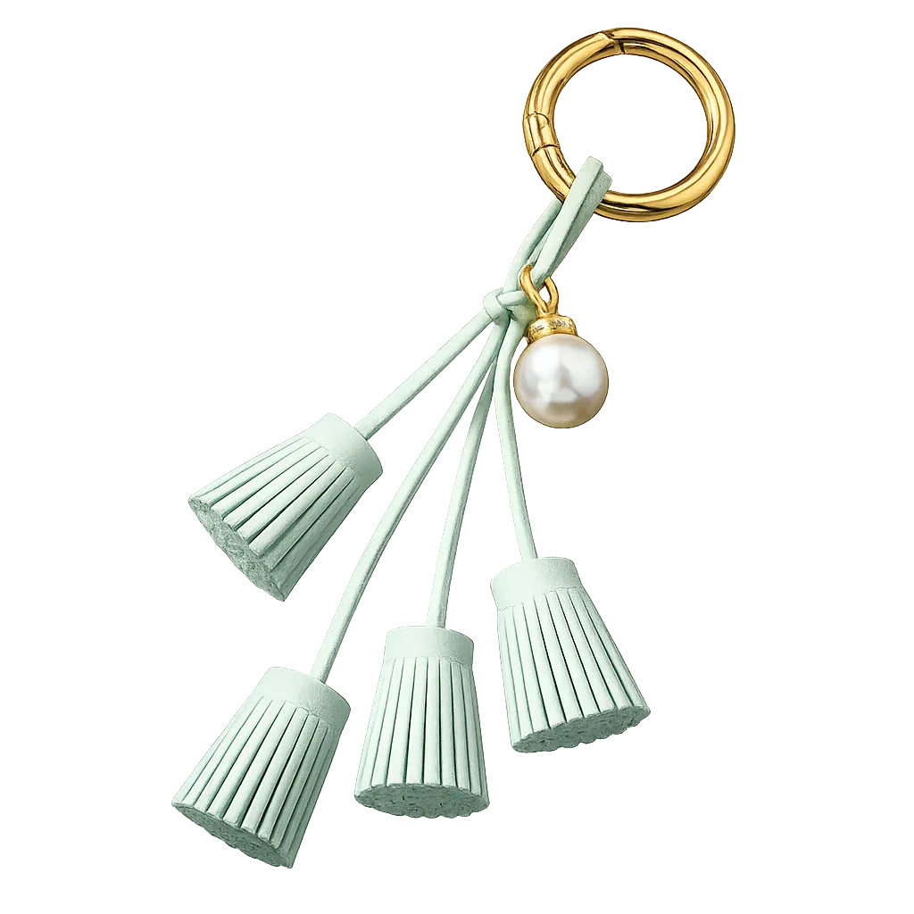 Green Suede & Pearl Tassel Bag Charm with pearl accent on brass key ring. 