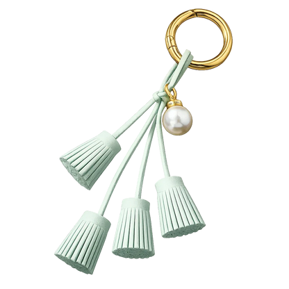 Green Suede & Pearl Tassel Bag Charm with pearl accent on brass key ring. 