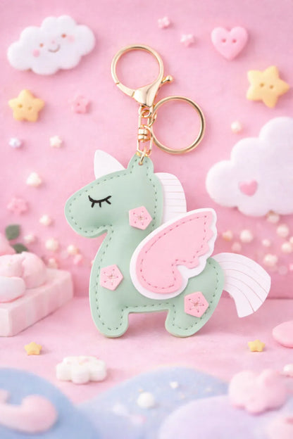 Dreamy mint green Unicorn Keychain  with key ring and clasp with dreamy background.