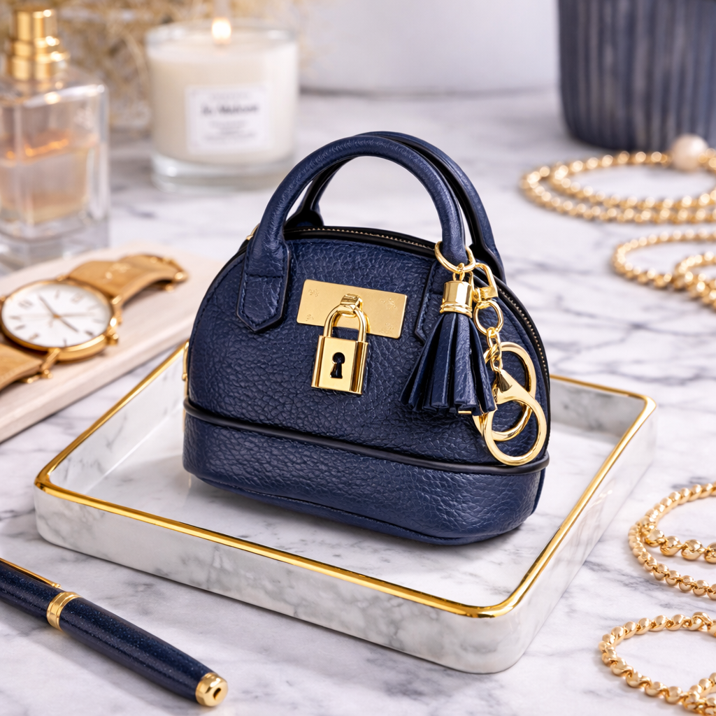 Petite Dark Blue Leather Purse Lock & Key Bag Charm  with key ring and zipper on marble surface with pen and pearls. 