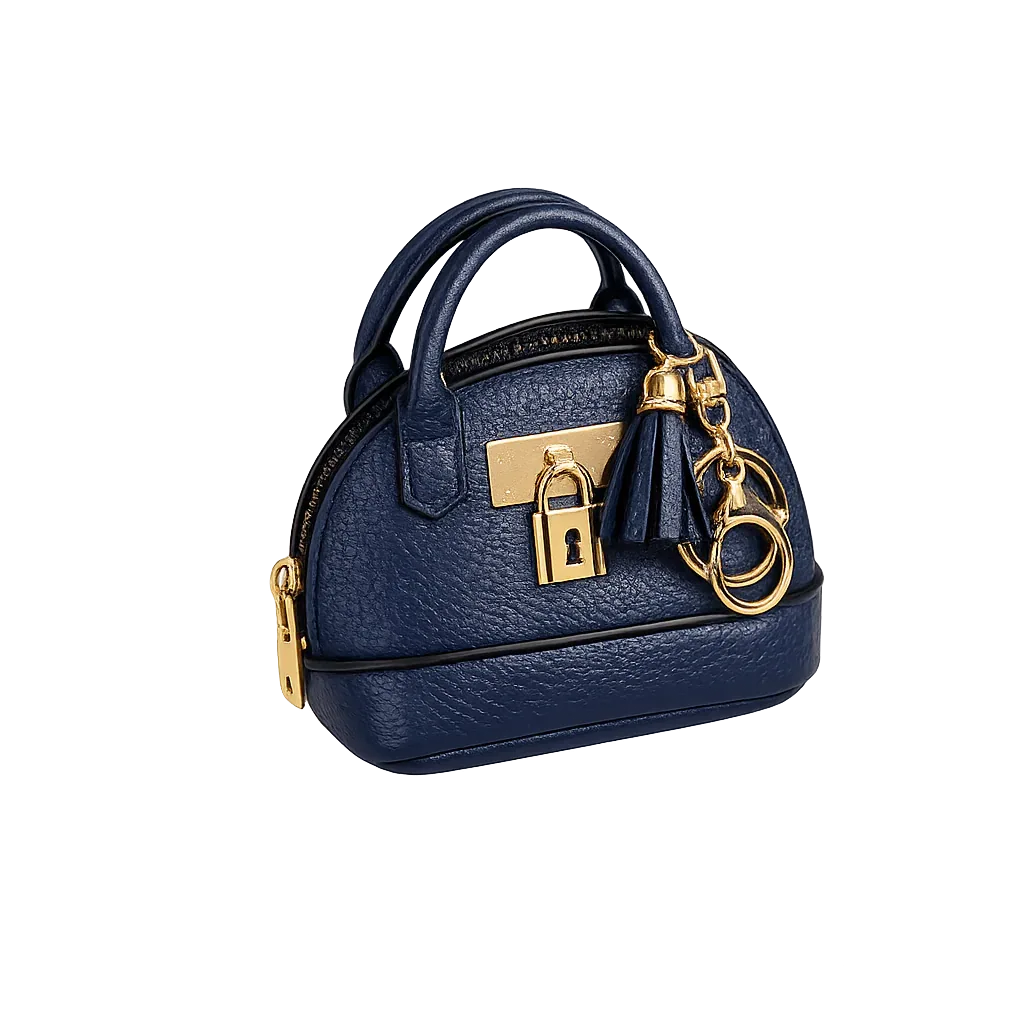 Petite Dark Blue Leather Purse Lock & Key Bag Charm  with key ring and zipper. 