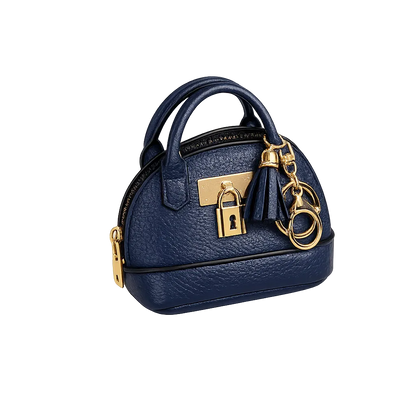 Petite Dark Blue Leather Purse Lock & Key Bag Charm  with key ring and zipper. 