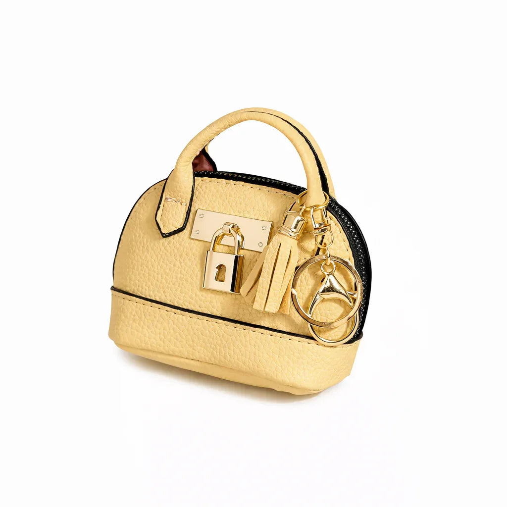 Petite yellow Leather Purse Lock & Key Bag Charm  with key ring and zipper. 