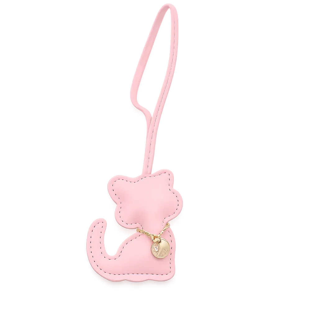 White Cozy Kitty Handmade Leather Kitten Bag Charm with leather strap.