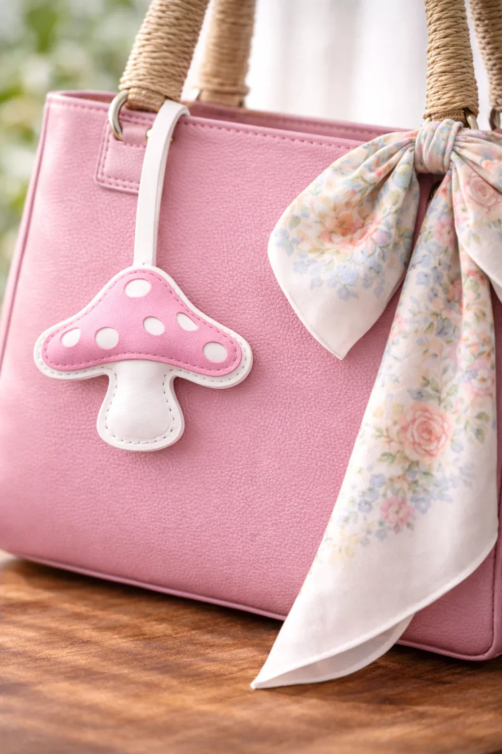 Pink Meadow Mushroom – Handmade Leather Mushroom Bag Charm on luxury bag with scarf. 