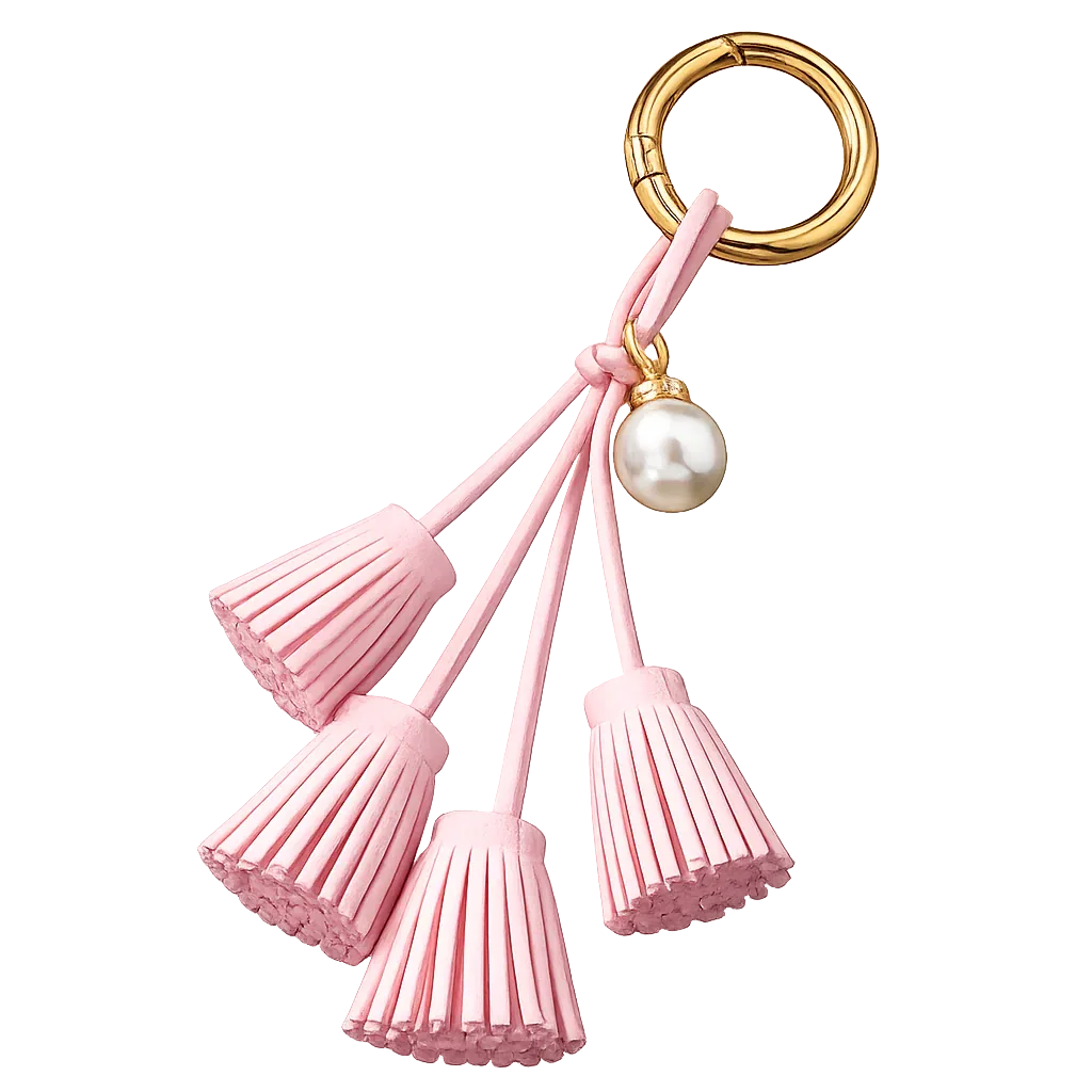 Pink Suede & Pearl Tassel Bag Charm with pearl accent on brass key ring. 