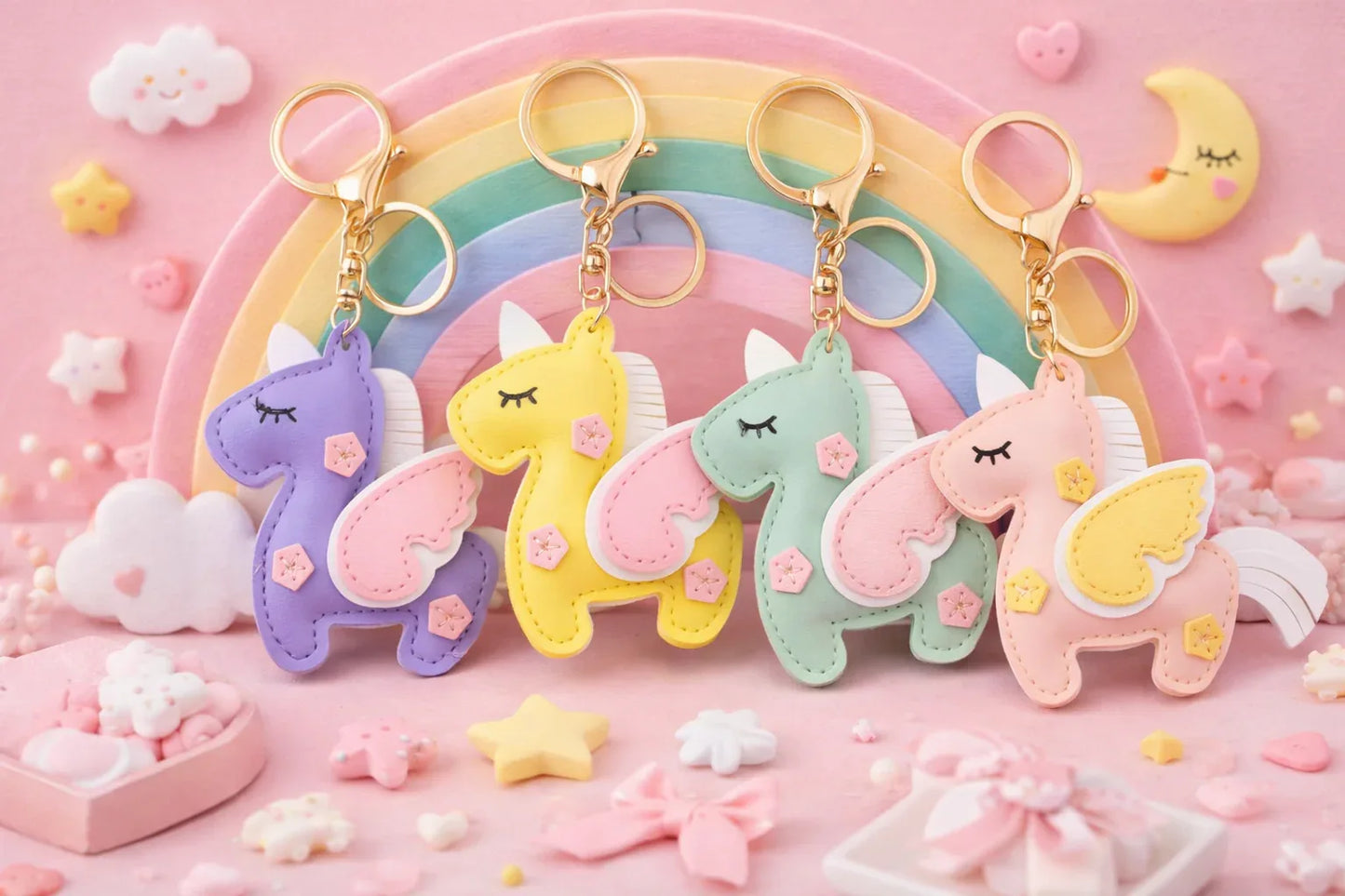 4 Dreamy Unicorn Keychain  with key ring and clasp with dreamy background.