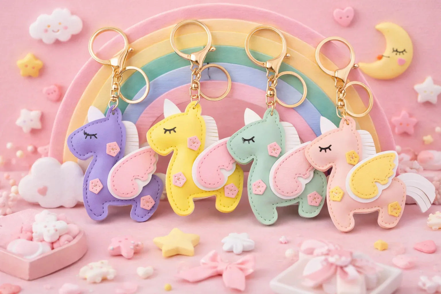 4 Dreamy Unicorn Keychain  with key ring and clasp with dreamy background.