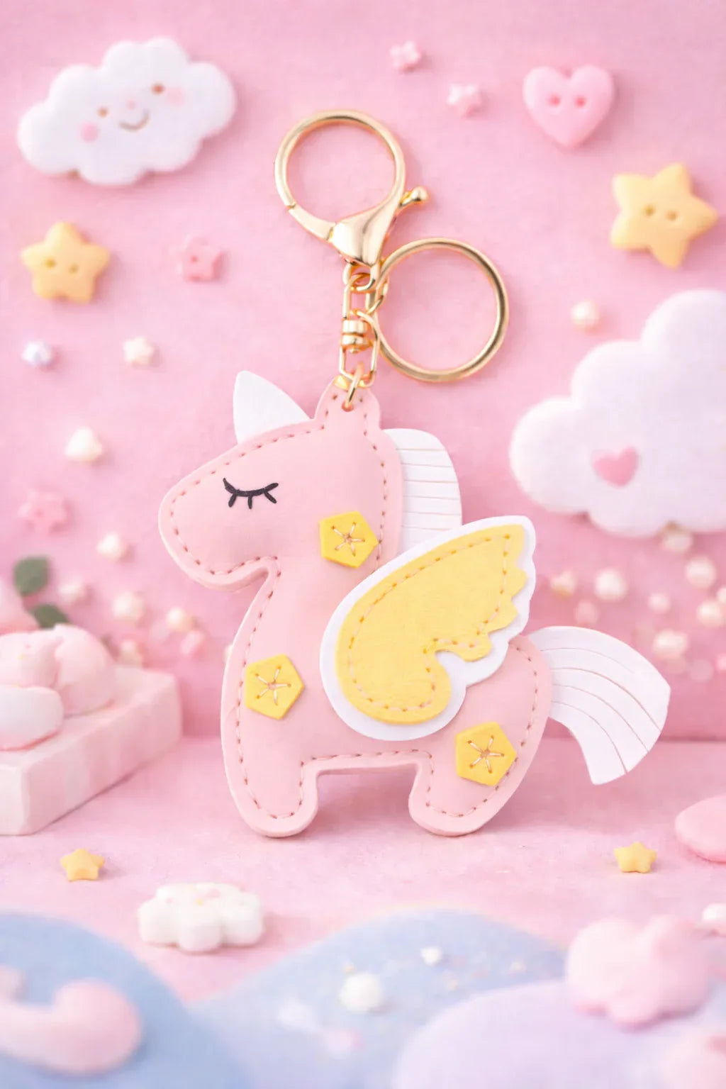 Dreamy pink Unicorn Keychain  with key ring and clasp with dreamy background.