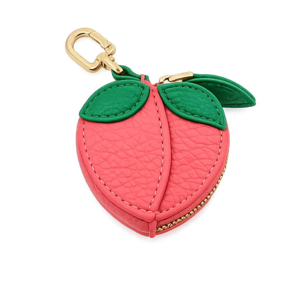 Little Fruit Minis peach leather coin purse keychain and bag charm.