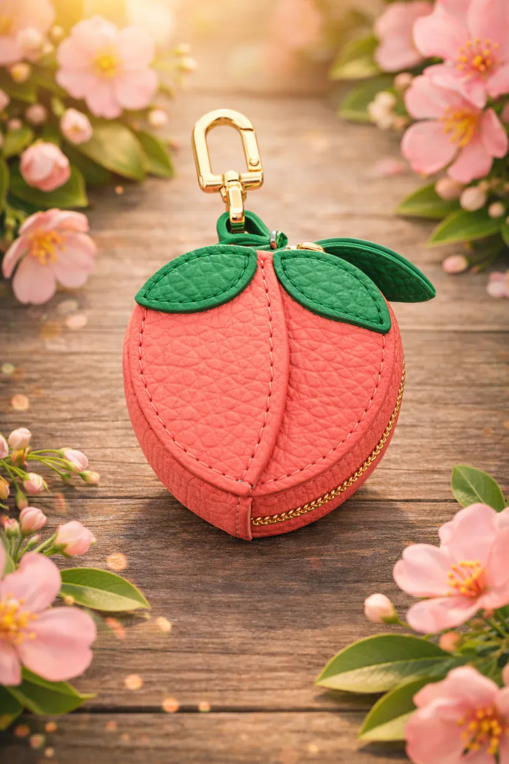 Little Fruit Minis peach leather coin purse keychain and bag charm sitting on table. 