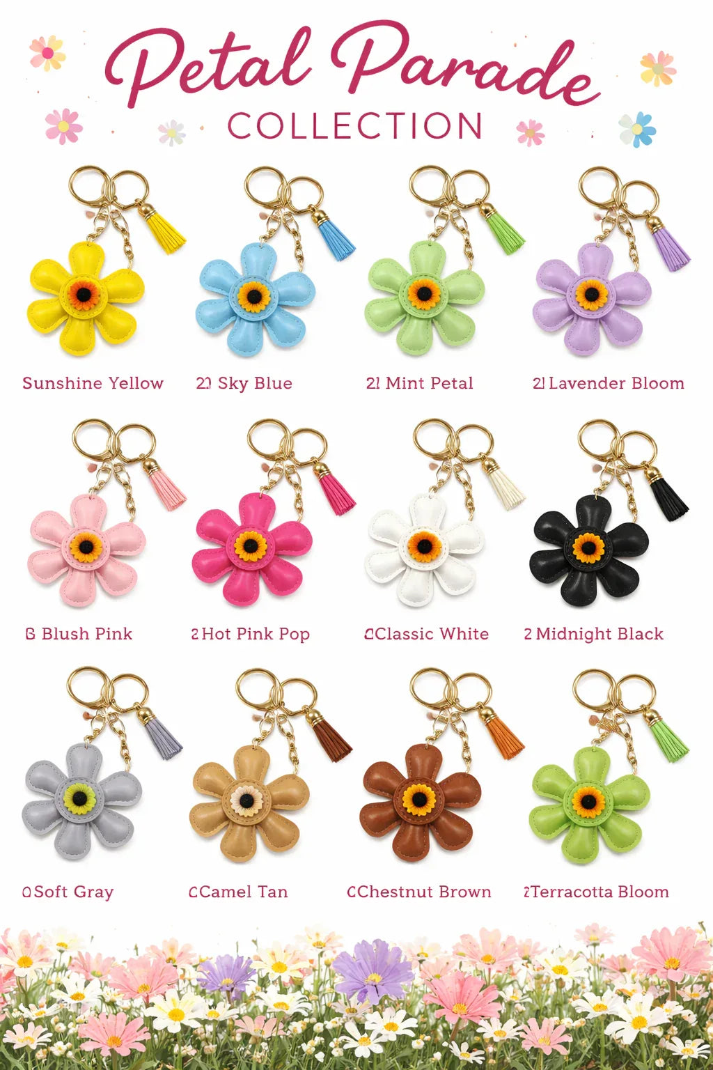 Assorted colorful leather flower keychains in rows  from the Petal Parade collection wooing color and names.