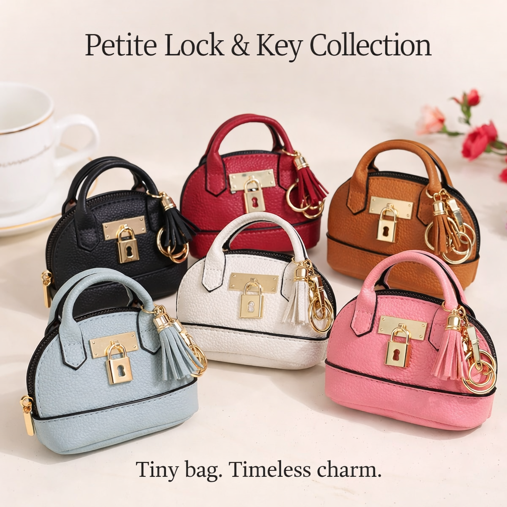 Collection of colorful petite leather purse bag charms with locks and keys on a light background.