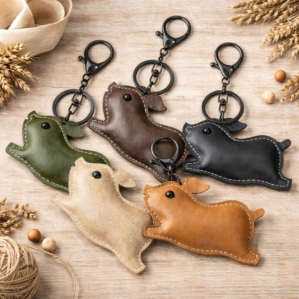 6 Leather Pig Key Chain and Bag Charm with Key ring and clasp on table.
