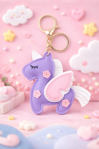 Dreamy lavender Unicorn Keychain  with key ring and clasp with dreamy background.