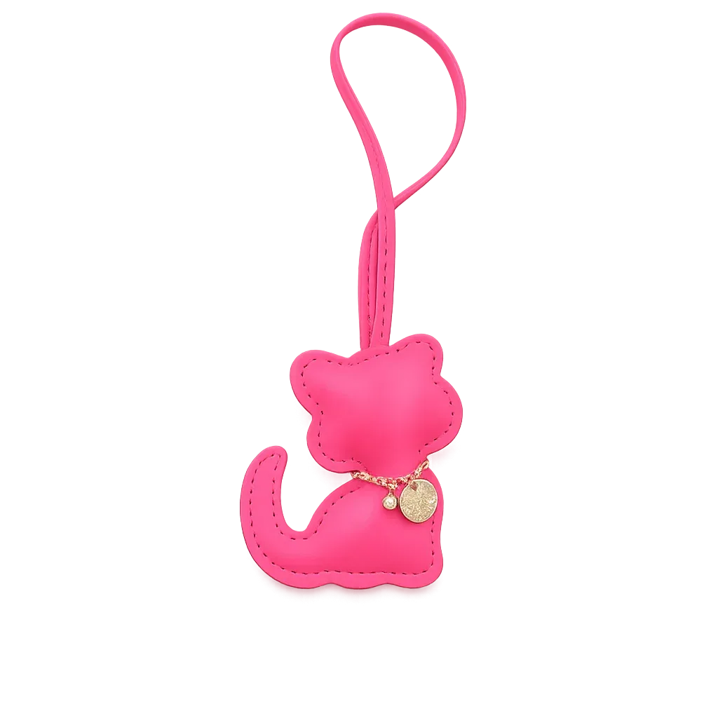 Pink Cozy Kitty Handmade Leather Kitten Bag Charm with leather strap.