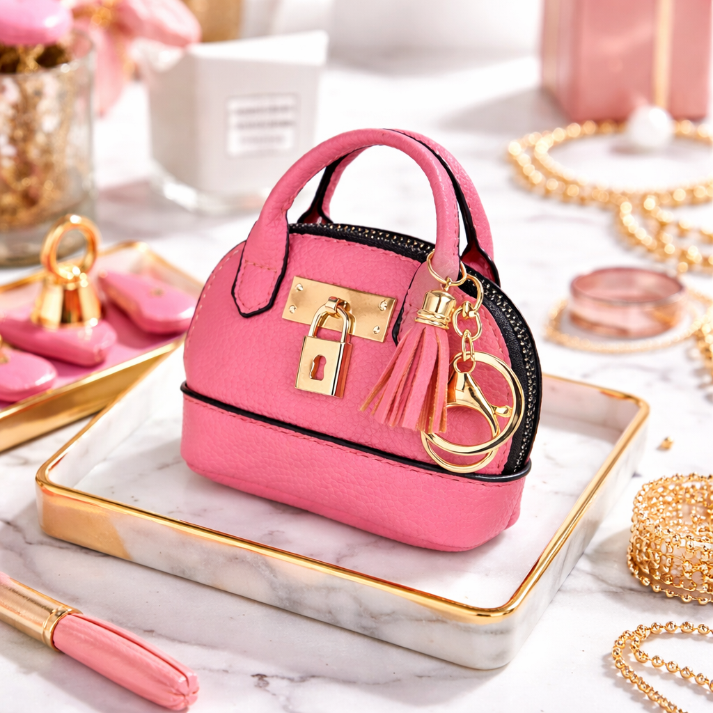 Petite pink Leather Purse Lock & Key Bag Charm  with key ring and zipper on marble surface with pen and pearls. 
