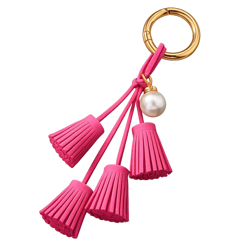 Pink Suede & Pearl Tassel Bag Charm with pearl accent on brass key ring. 
