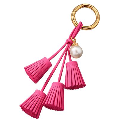 Pink Suede & Pearl Tassel Bag Charm with pearl accent on brass key ring. 