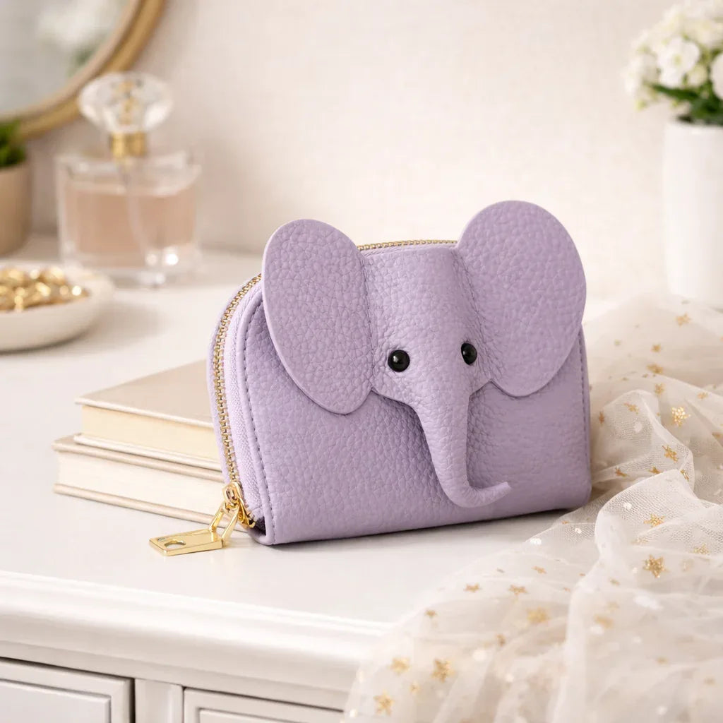 Elephant-shaped leather card holder in Purple  with a secure gold zipper and multiple card slots.