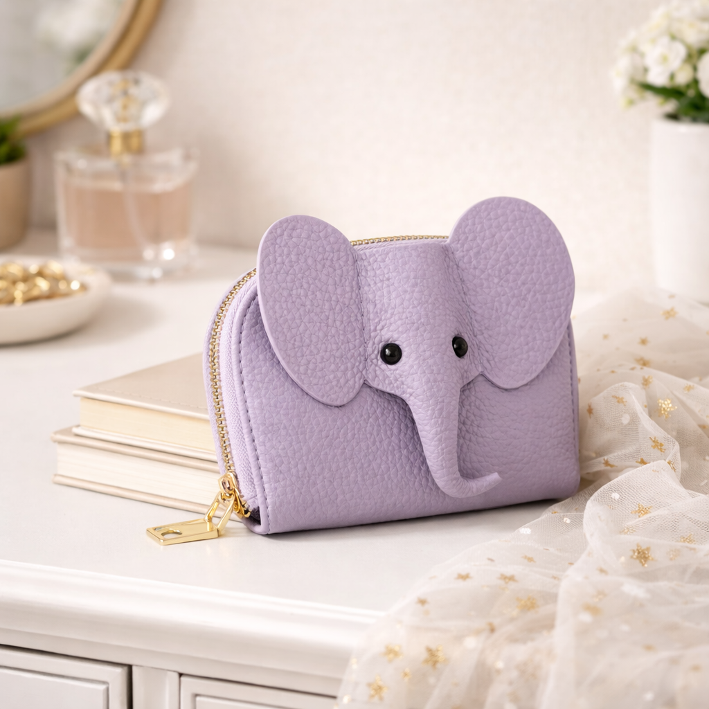 Little Trunk Treasures Collection – Elephant Leather Card Holder, Cute Mini Wallet, Giftable Coin & Card Purse, Pastel Animal Accessory