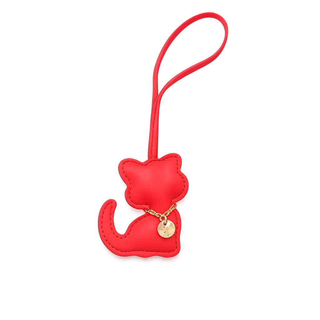 Red Cozy Kitty Handmade Leather Kitten Bag Charm with leather strap.