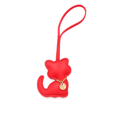 Red Cozy Kitty Handmade Leather Kitten Bag Charm with leather strap.