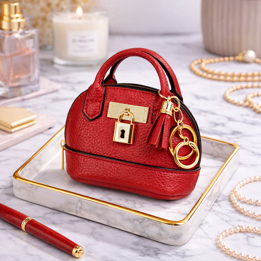 Petite red Leather Purse Lock & Key Bag Charm  with key ring and zipper on marble surface with pen and pearls. 