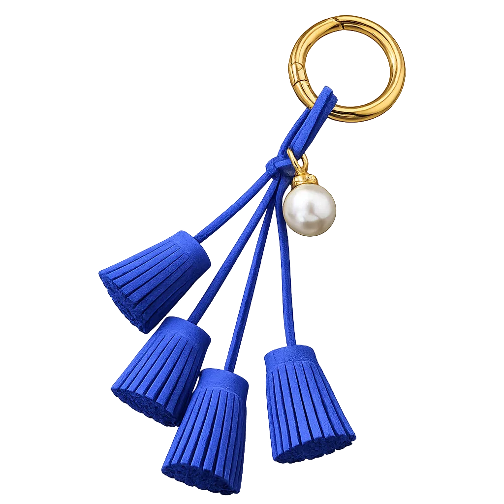 Blue Suede & Pearl Tassel Bag Charm with pearl accent on brass key ring. 